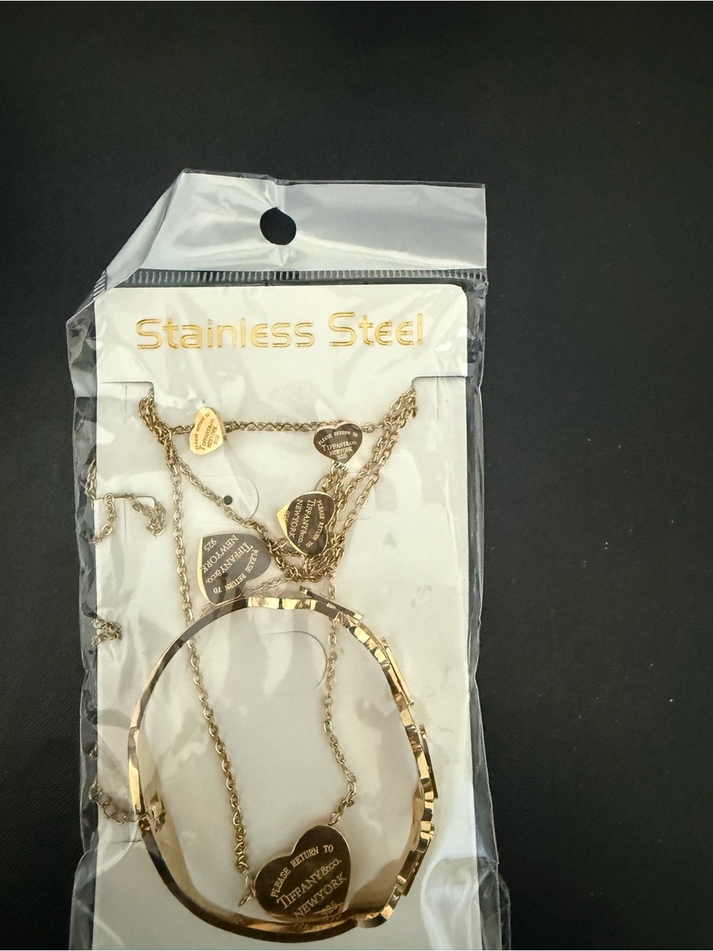 Gold Stainless Steel Heart Charm Bracelet and Necklace Set